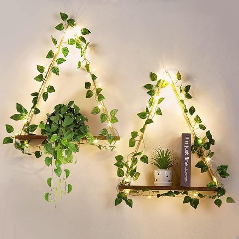 etagere-murale-bois-feuilles-suspendus-plante